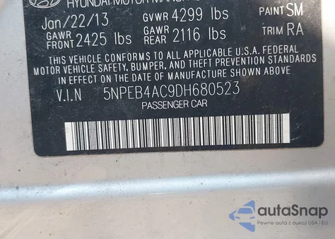 2013 Hyundai Sonata Gls from USA, damaged, VIN 5NPEB4AC9DH680523